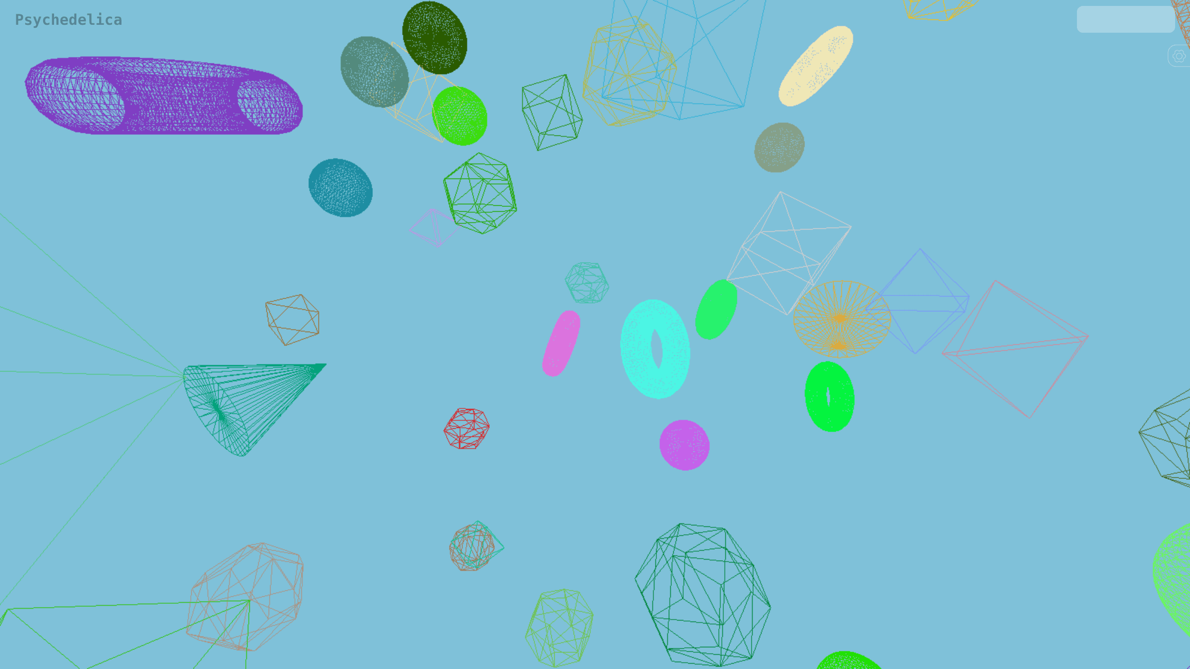 Psychedelica: dozens of coloured wireframe and point-cloud shapes, toruses, icosahedra and cones, drifting across a pale blue field.